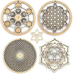 Dekorasi Chakra Meditasi Kayu Gantung Dekorasi Dinding Geometri Suci Seni Dinding Yoga Kisi Kayu Simbol Seni untuk Kamar Tidur Rumah