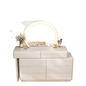 Modern Minimalist Dressing Table With Drawers Cream Lacquered Solid Wood Makeup Vanity For Bedroom - Product Image 2