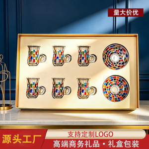 Hand Painted Glass Coffee Tea Cup Set 6 Cups 6 Saucers Colorful Mosaic Design Luxury Retro Gift Set - Product Image 2