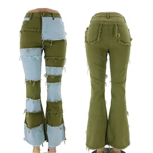 Jean évasé <span class=keywords><strong>taille</strong></span> haute patchwork, coupe boyfriend, pour <span class=keywords><strong>femme</strong></span>, en denim, sexy, color block marron, style streetwear - Product Image 1