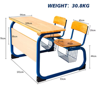 Ensemble pupitre et chaise scolaire avec cadre monobloc, double assise, plateau en bois et panier de rangement – Mobilier de classe robuste