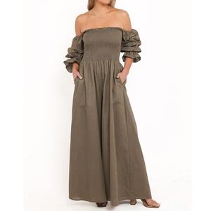 Design Beach Fashion Pleated Long Sleeve Wide Leg Long <b>Jumpsuit</b> Customized Linen Women's <b>Jumpsuit</b> - Product Image 3