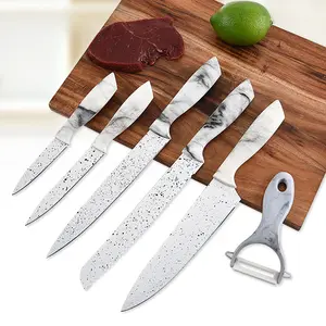 Set Pisau Koki Antilengket, Aksesori Dapur Stainless Steel Marmer Pisau Koki Set 6 Buah