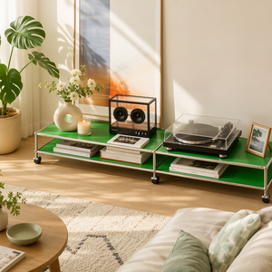 Mobile <span class=keywords><strong>TV</strong></span> Modulare Blu <span class=keywords><strong>in</strong></span> Metallo con Ruote, Supporto Multimediale Basso con Telaio Cromato, Tavolo Porta Giradischi per Soggiorno, Acciaio, Dimensioni e Colore Personalizzabili - Product Image 4