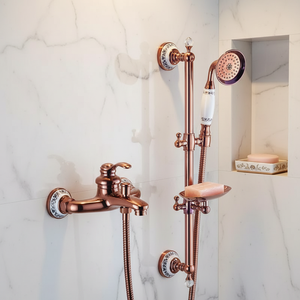 Set <span class=keywords><strong>Doccia</strong></span> a Incasso <span class=keywords><strong>in</strong></span> Ottone Contemporaneo con Portasapone, Rubinetti <span class=keywords><strong>Doccia</strong></span> Bagno Oro Rosa con Barra Laterale - Product Image 1