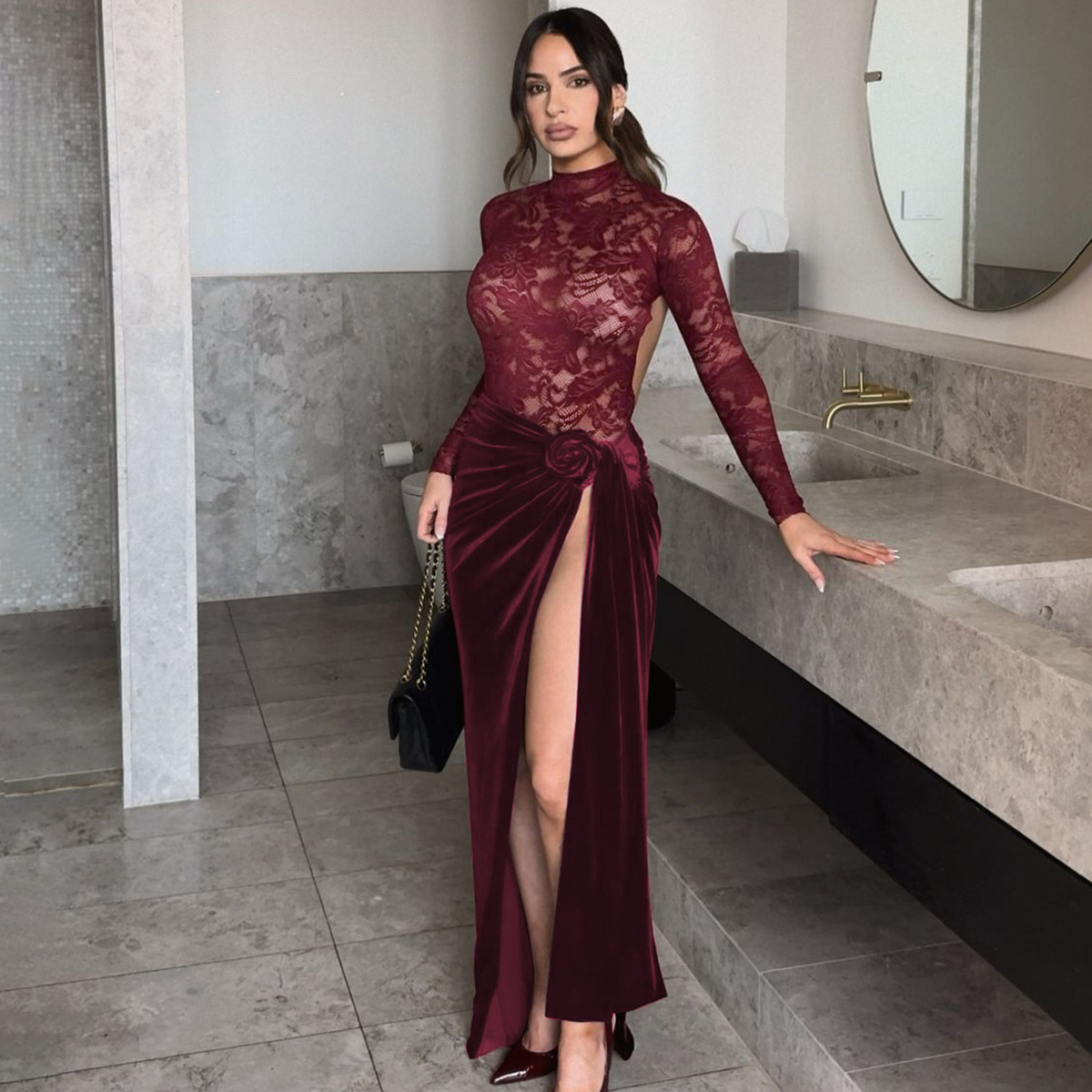 Backless Long Sleeve Dress Party Women Dress Sexy Slim Stitching Lace Velvet  Dress| Alibaba.com