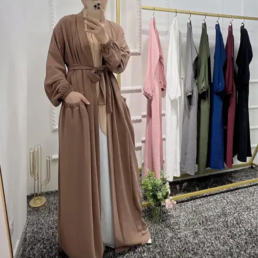 latest abaya designs kaftan abaya islamic clothing wrinkle polyester pocket open abaya muslim dress
