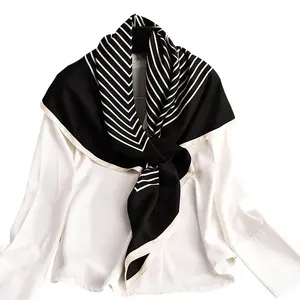 Siyah ve beyaz çizgili baskılı ipek eşarp 90*90cm kare saten ipek eşarp tasarımcı ipek saten eşarp kadınlar için