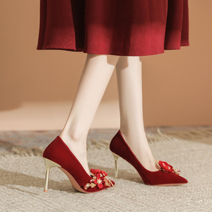 <b>Red</b> Velvet Stiletto <b>Heels</b> With Flower Embellishment For Wedding Bridal Shoes Pointed Toe High <b>Heel</b> <b>Women</b> Elegant Style 8777H-147 - Product Image 2