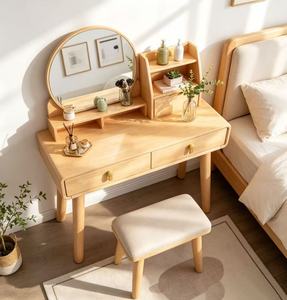 Scandinavian Solid Birch Makeup <b>Vanity</b> With Flip Top <b>Mirror</b> And Storage Drawers Bedroom Dressing Table Set - Product Image 5