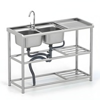 Évier de cuisine commercial moderne en acier inoxydable avec plan de travail intégré et étagère, double égouttoir pour cuisine de restaurant
