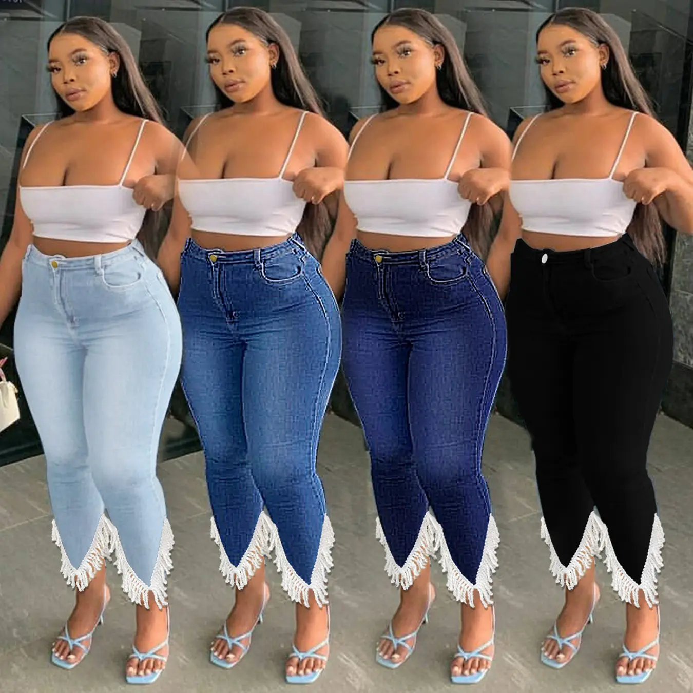 2022 Women's Customized Logo Denim New Stretch Plus Size Jeans Pants For Women Creative Skinny Tassel Jeans