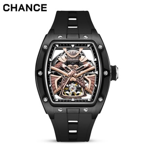 Skeleton Automatic <b>Watch</b> for Men Tonneau Stainless Steel Case Outdoors 50m Water Resistance Silicone Sport Band - Product Image 2