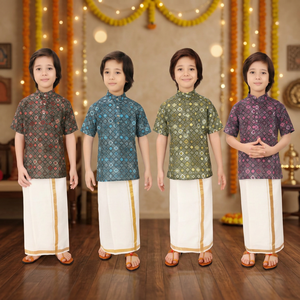 Conjunto de Dhoti de Algodón para Niños, Angavastram, Ropa Étnica Tradicional India, para Bodas, Corte Regular, Largo hasta el Tobillo, Sin Arrugas, Estampado Digital - Product Image 3