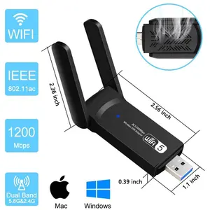 Adaptador de wi-fi banda dupla 802.11ac, 1200mbps rtl8812bu 2.4ghz e 5ghz placa de rede sem fio usb3.0 wifi dongle para computador