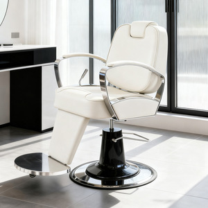 Sillón de Barbería Moderno de Cuero con Base Redonda, Muebles de Salón de Belleza de Lujo con Marco de Aluminio Dorado Vintage para Hombres - Product Image 1