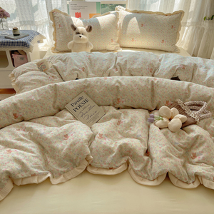 Bộ chăn ga gối 4 món họa tiết hoa 100% polyester phong cách công chúa lãng mạn dành cho nữ, gồm vỏ chăn, ga trải giường và vỏ gối, có size đơn và queen - Product Image 5