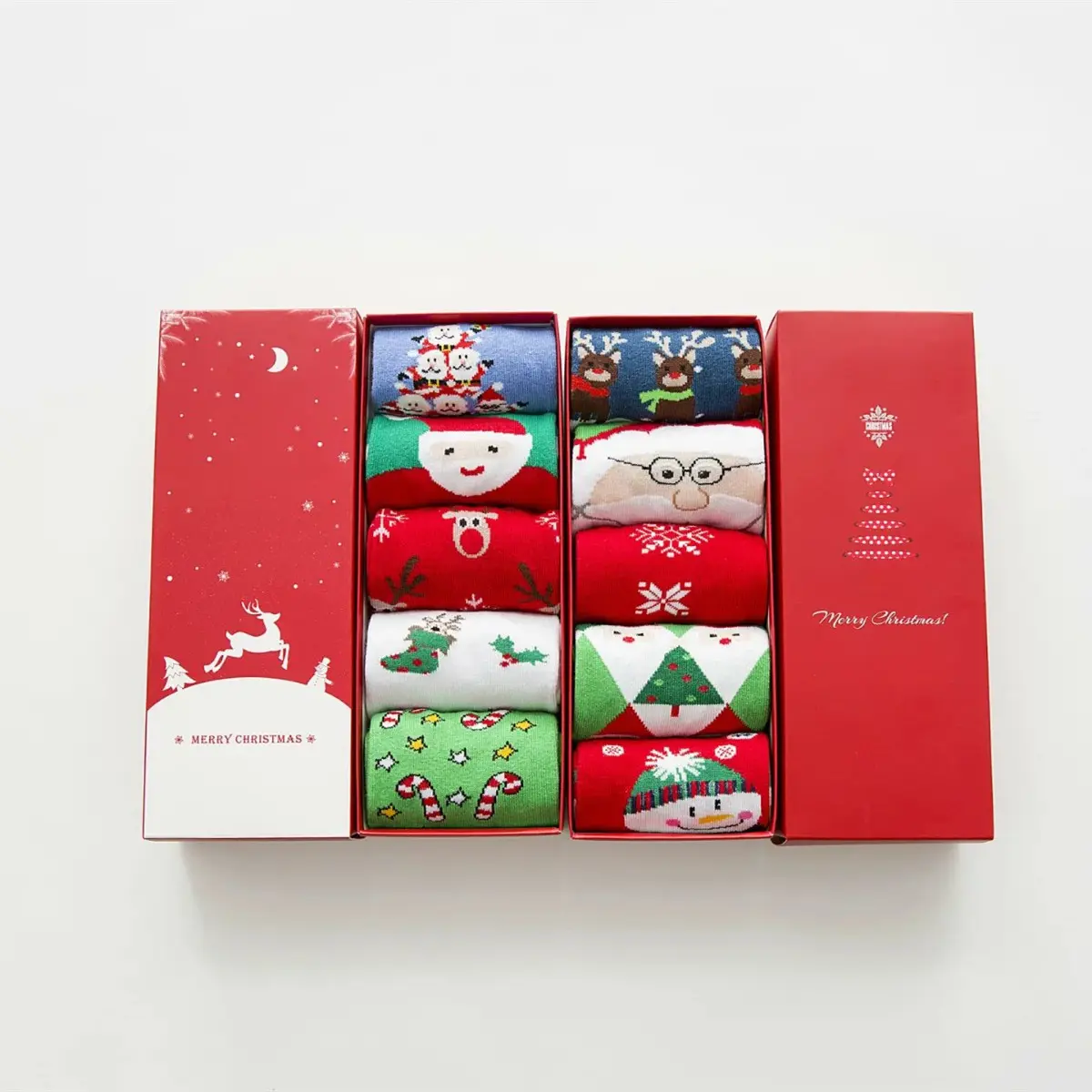 Embalaje de regalo venta al por mayor 5 pares en caja de regalo de las mujeres de los hombres de invierno de santa feliz navidad calcetines