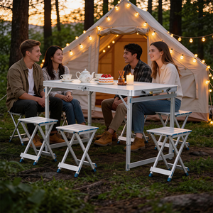 Mesa <span class=keywords><strong>de</strong></span> <span class=keywords><strong>Camping</strong></span> Plegable Portátil con 3 Alturas Ajustables y <span class=keywords><strong>4</strong></span> Sillas, Juego <span class=keywords><strong>de</strong></span> Mesa <span class=keywords><strong>de</strong></span> Aluminio y MDF Todo en Uno <span class=keywords><strong>para</strong></span> Picnic y Barbacoa al Aire Libre - Product Image 1