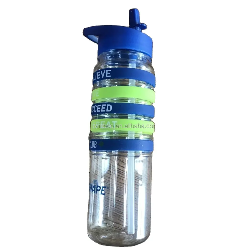 Plastik wasser gymnastik trink flasche mit Strohhalm und Silikon kautschuk armband