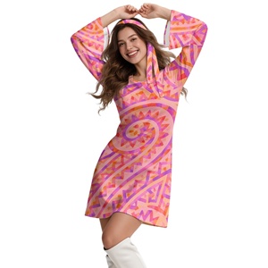 Tenues <span class=keywords><strong>disco</strong></span> années 70 et 80 pour femmes, costume hippie, robe mini évasée rose à fleurs avec manches cloche, fête d'Halloween, cosplay années 70 et 80 - Product Image 2
