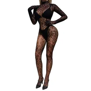 Sexy Gola Alta Sem Encosto Leopardo Selvagem Luvas de Manga Longa Bodysuit One Piece Malha Lingerie Underwear Arrastão Bodystockings