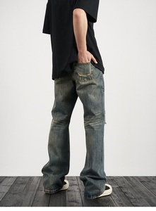 Marchio personalizzato Drop Ship Stock Street Wear Stock produttore di <span class=keywords><strong>Jeans</strong></span> larghi da <span class=keywords><strong>uomo</strong></span> <span class=keywords><strong>blu</strong></span> verniciato in <span class=keywords><strong>Jeans</strong></span> svasati impilati - Product Image 5