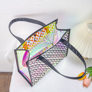 Sacs fourre-tout en PVC avec logo personnalisé, sacs de plage réutilisables, sacs de voyage imprimés en couleur avec poignée en PU - Product Image 2