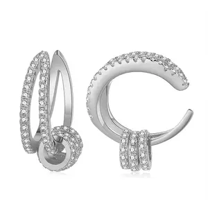 BAROLI Hot Sale Trendy Jewelry 925 Sterling Silver Gold Plated All Match Diamond Pave Ball Hollow C Cuff Earrings For Wom