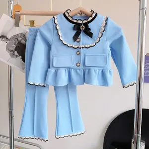 2024 Children's clothing 2-10 years old spring new fashion soft girls suit French doll collar top casual pants two-piece set