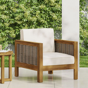 Modern Teak Outdoor Dining Chair-<b>Rope</b> <b>Light</b> Gray Cushion Waterproof Garden Patio Furniture with Wood Legs - Product Image 2