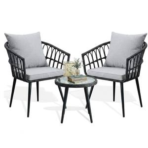 Juego de Muebles de Ratán Ligeros y Resistentes al Óxido, Estilo Nórdico, con Patas de Metal Negro y Cubierta de Vidrio, 3 Piezas, para Jardín o Cafetería - Product Image 1