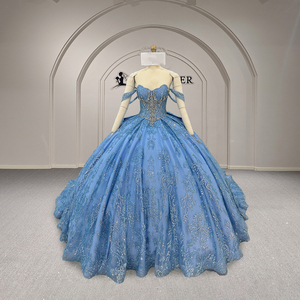 Vestido de Quinceañera Azul Brillante Xy008, Largo hasta el Suelo, con Cuentas de Lujo y Encaje, Hombros Descubiertos, para Fiesta de Cumpleaños - Product Image 6