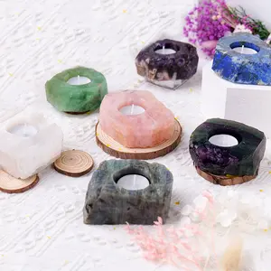 Natural Raw Crystal Candle Holder Gemstone Tea Light Rough Rose Quartz Candlestick