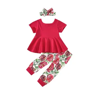 Summer Children's Boutique Cotton short sleeve clothing collection Baby girl fashion flower print sets for girls 2-12