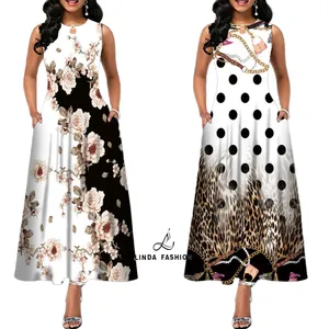 Linda Fashion Zomer Dames Mouwloze Lange Plus Size Vrouwen Kantoor Positionering Print Swing Rok Bohemian Retro Casual Jurken