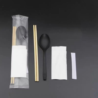Ensemble de couverts jetables écologiques pour la restauration à emporter, comprenant baguettes, cure-dents, serviettes et cuillères, lot de quatre pièces