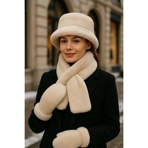 Women's Black Winter 3-Piece Fur <b>Set</b> (<b>Hat</b> <b>Scarf</b> <b>Gloves</b>)-SET04 - Product Image 2