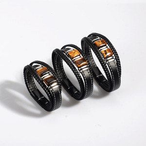 Tiger Eye Men's Leather Bracelet Black Multi Layer <b>Magnetic</b> <b>Clasp</b> Stainless Steel Buckle Gift Jewelry 7.5 8.5 9 Inches - Product Image 3