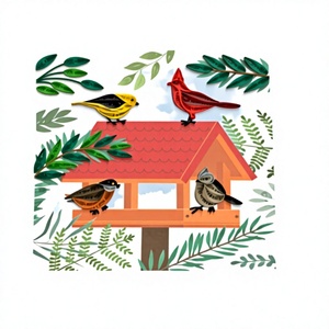 Carte d'invitation 3D artisanale en quilling, maison d'oiseaux en quilling, carte pop-up personnalisée, oiseaux colorés, feuilles vertes, finition mate, Noël - Product Image 2