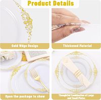 200 Assiettes jetables en plastique blanc doré vintage, 10 pouces pour le dîner et 7,25 pouces pour le dessert, assiettes rondes pour mariage, pour 100 invités