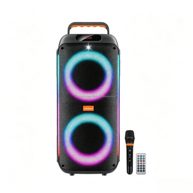 Wholesale Dual 8 Inch Bt Karaoke Speaker 60W Big Power 4500mAh Portable Outdoor Speaker LED Circle Light Wireless Dual Mics