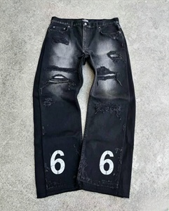 Jean en denim déchiré coupe droite pour homme, taille mi-haute, style streetwear en coton, imprimé numéro 6, collection automne - Product Image 3