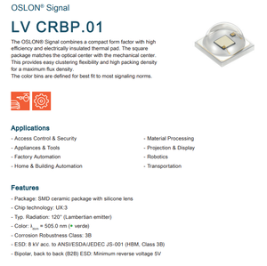 LED OSRAMs LVCRBP.01-KXLY-AD-Q525-350-R18 Verde OSLON para Señalización, Color Verde, 502.25nm, LED de un Solo Color - Product Image 2