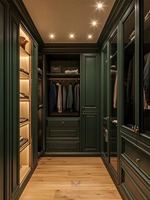 Système de dressing autoportant de luxe en bois vert forêt traditionnel avec éclairage LED et portes à battants, écologique, pour salle de sport et salon