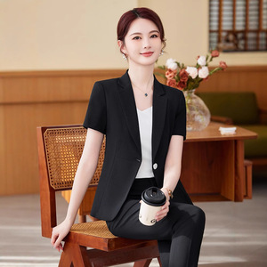 Women's Summer Black <b>Blazer</b> Suit <b>Set</b> Short Sleeve Slim Fit Professional Formal Wear Breathable Polyester Fabric - Product Image 1