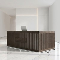 [Muxi] Nouveau bureau de réception LED en bois E1 de 18 mm, de style chinois haut de gamme, à niveaux, en forme de L, cannelé, pour clinique médicale et centre dentaire