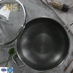 High Quantity 32-36cm 3 Ply Stainless Steel Cookware Non-stick Stainless Steel Honeycomb Large Capacity Wok With Long Handle