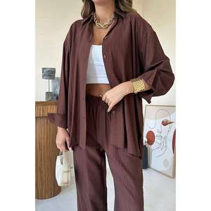 Conjunto de Camisa Marrón Alice y Pantalones Anchos para Mujer, Casual, Tela Oxford, Transpirable, Manga Larga - Product Image 1