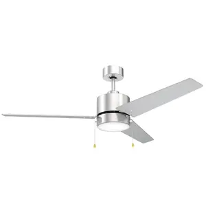 Indoor 3/4 Blade Pull Chain Ceiling Fan 52in Brushed Nickel with 22W 3000K LED Light Kit Including Downrod, AC Motor